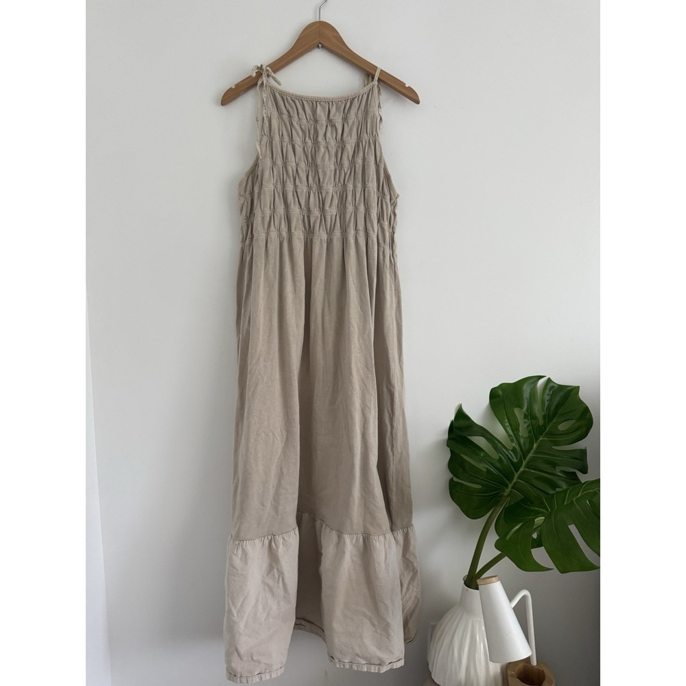 ZARA Gathered Maxi Dress Stone Neutral Size M Boho Flowy Summer Tiered - Picture 7 of 8